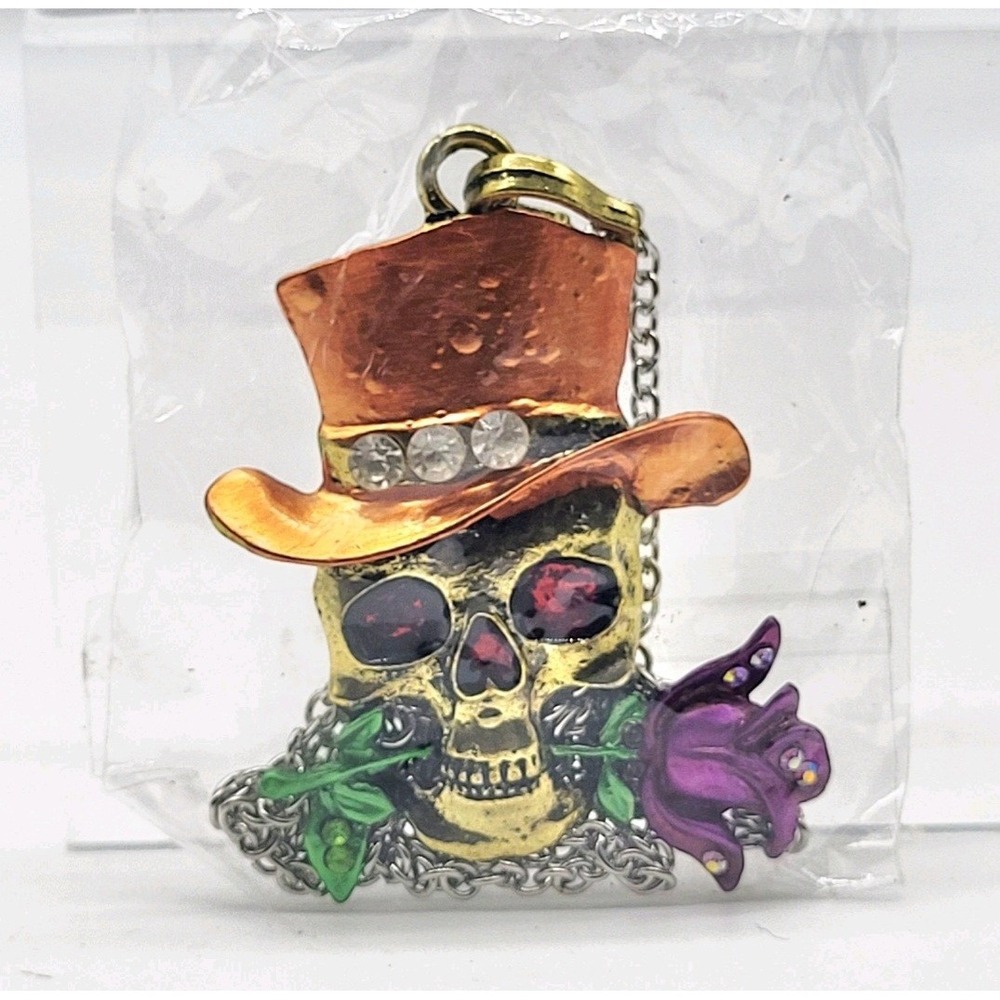 Skull Top Hat Rose Rhinestone Pendant Necklace Gothic Biker Orange Purple 26in